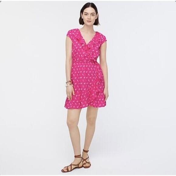 J. Crew Dress V-Neck Ruffle Mini Floral Faux Wrap Cap Sleeve Pink Size 00 NWT - Picture 1 of 9